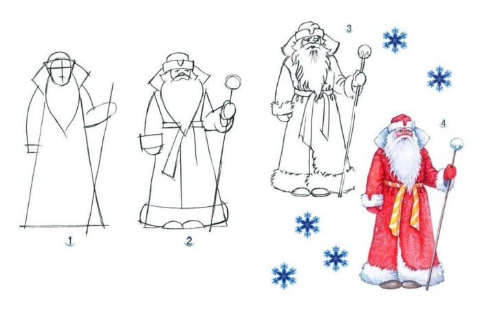 50 картинок Деда Мороза по этапам для срисовки
