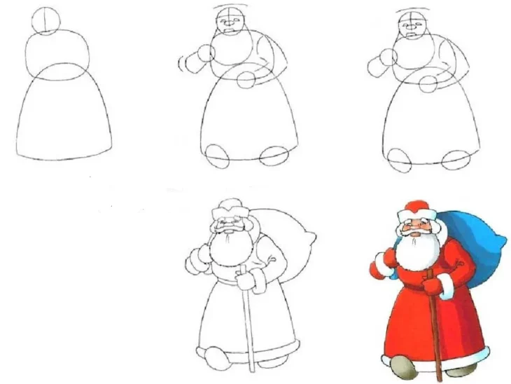 50 картинок Деда Мороза по этапам для срисовки